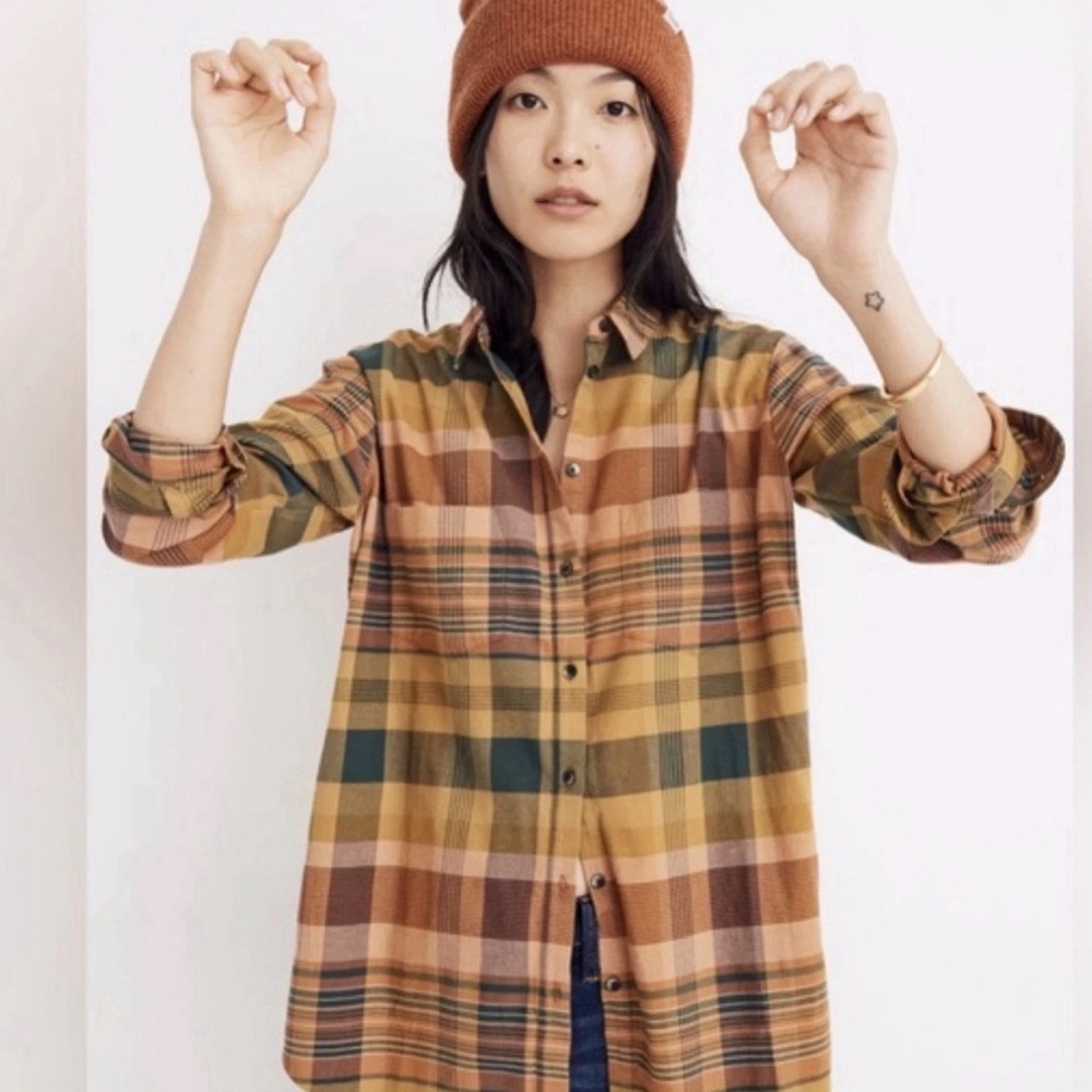 Madewell Slub Flannel Sunday Shirt Plaid L Pink Green Button Large